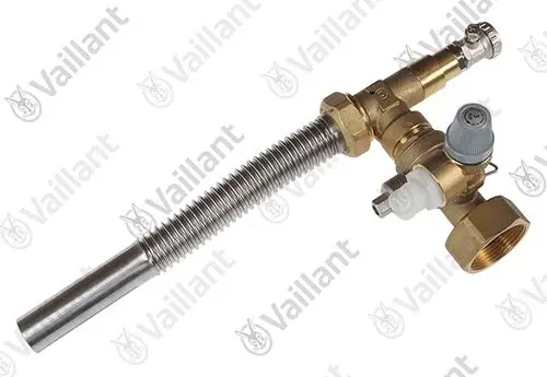 Vaillant Heizungsventil mit flexibler Konsole, ausgestattet mit Anschlussstücken und einer regulierbaren Einheit. Metallgehäuse mit verchromtem Rohr.